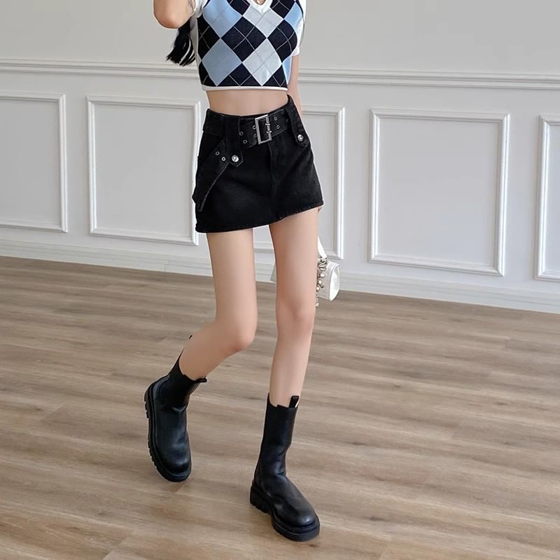 Skort A-Line Denim Waist Belted High Mini