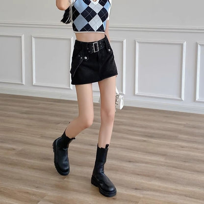 Skort A-Line Denim Waist Belted High Mini