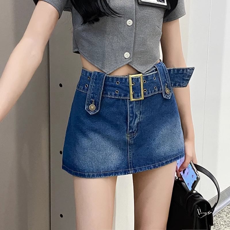 Skort A-Line Denim Waist Belted High Mini