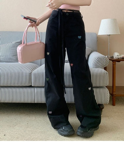 Bow Pants Leg Embroidered Tie-Up Wide Mid Waist