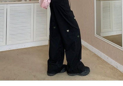 Bow Pants Leg Embroidered Tie-Up Wide Mid Waist