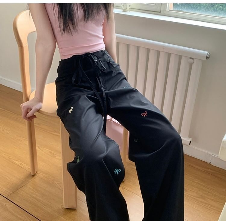 Bow Pants Leg Embroidered Tie-Up Wide Mid Waist