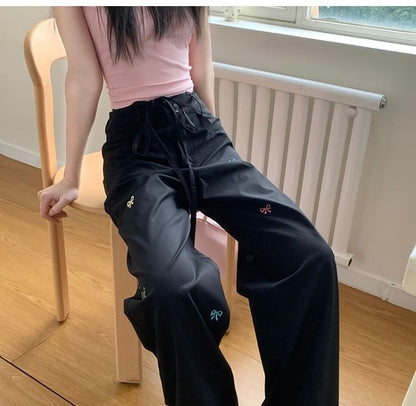 Bow Pants Leg Embroidered Tie-Up Wide Mid Waist