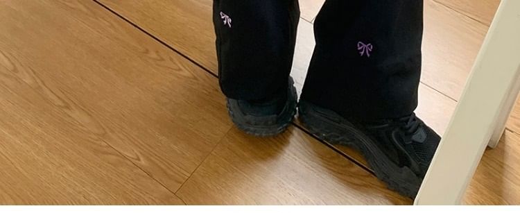 Bow Pants Leg Embroidered Tie-Up Wide Mid Waist