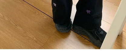 Bow Pants Leg Embroidered Tie-Up Wide Mid Waist