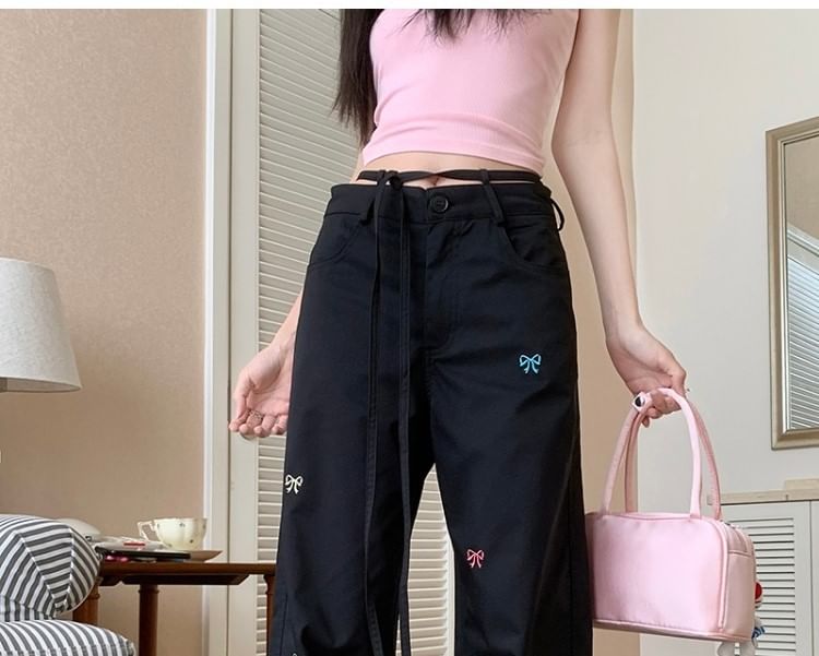 Bow Pants Leg Embroidered Tie-Up Wide Mid Waist