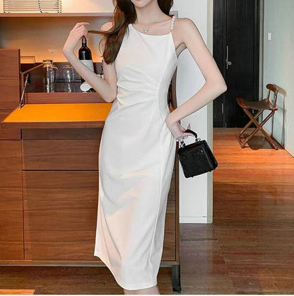 Sleeveless Slit Pearl Dress Midi Faux Ruched A-Line Plain Strap