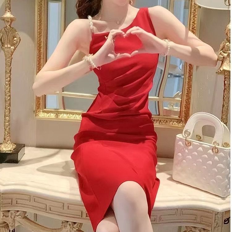 Sleeveless Slit Pearl Dress Midi Faux Ruched A-Line Plain Strap