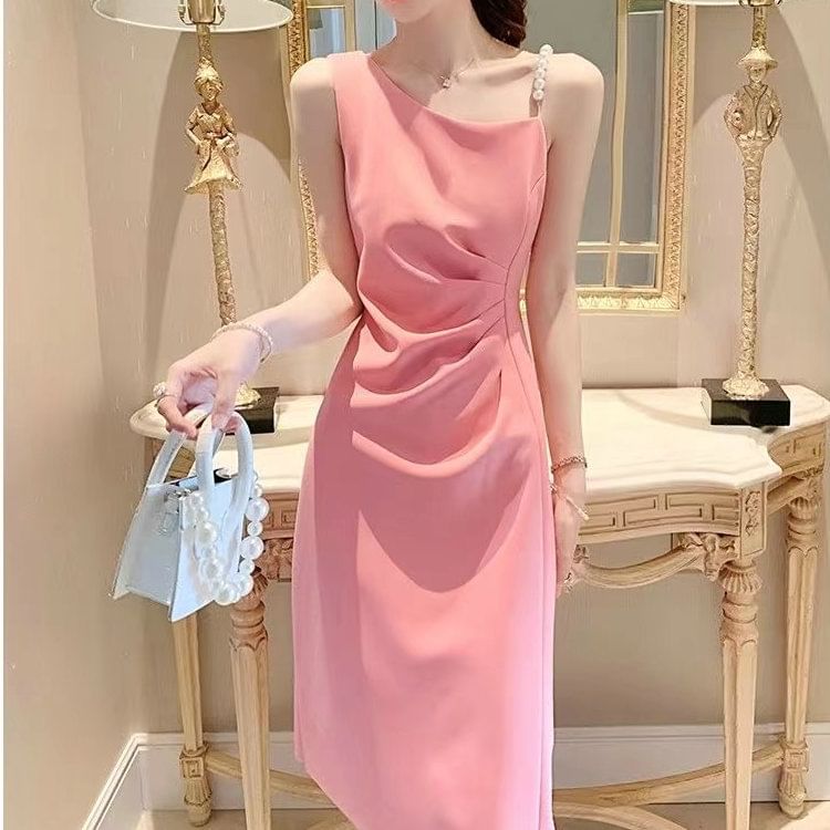 Sleeveless Slit Pearl Dress Midi Faux Ruched A-Line Plain Strap
