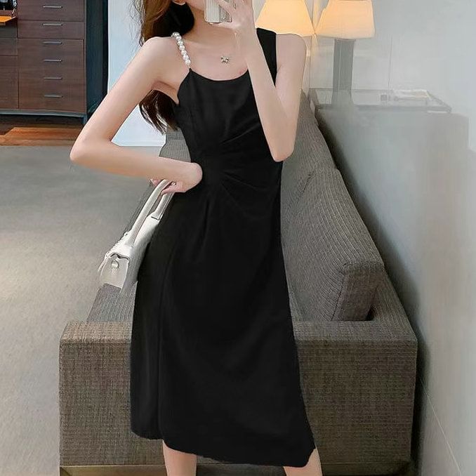 Sleeveless Slit Pearl Dress Midi Faux Ruched A-Line Plain Strap