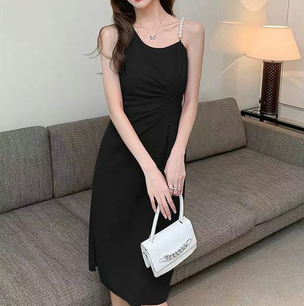 Sleeveless Slit Pearl Dress Midi Faux Ruched A-Line Plain Strap
