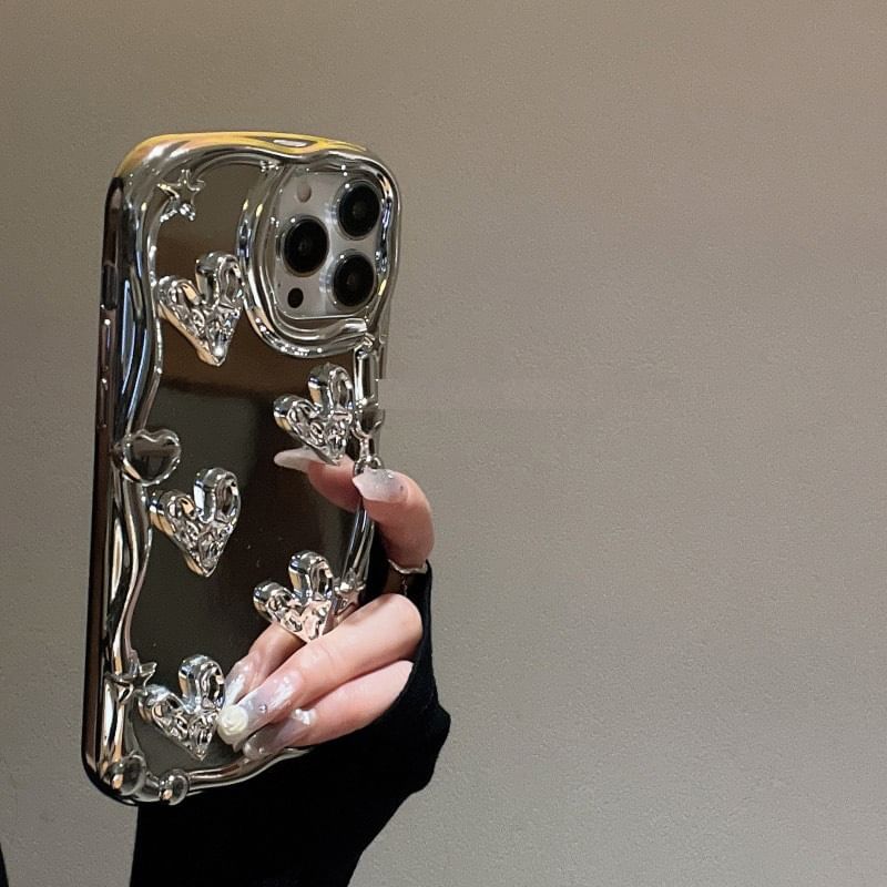 Heart Embossed Mirror Phone Case For iPhone 11, 11 Pro Max, 12/12 Pro, 12 Pro Max, 13, 13 Pro, 13 Pro Max, 14, 14 Plus, 14 Pro, 14 Pro Max, 15, 15 Pro, 15 Pro Max
