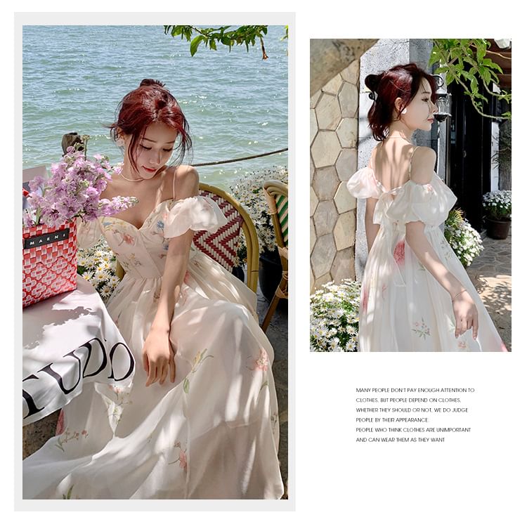 Dress Floral Cold-Shoulder A-Line Midi Puff-Sleeve