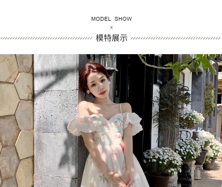 Dress Floral Cold-Shoulder A-Line Midi Puff-Sleeve