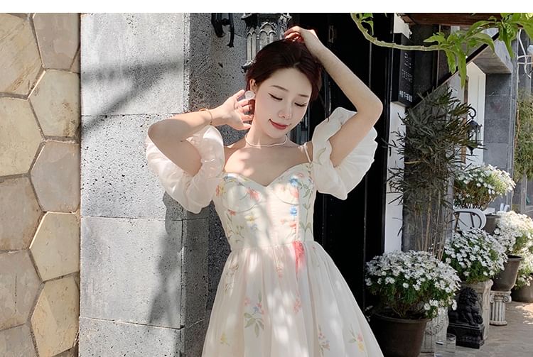 Dress Floral Cold-Shoulder A-Line Midi Puff-Sleeve