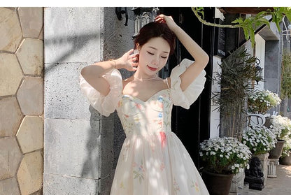 Dress Floral Cold-Shoulder A-Line Midi Puff-Sleeve