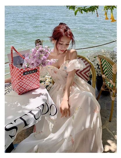 Dress Floral Cold-Shoulder A-Line Midi Puff-Sleeve