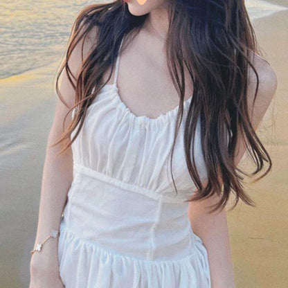 Strap Back Plain Open Maxi Lace-Up Spaghetti Sundress