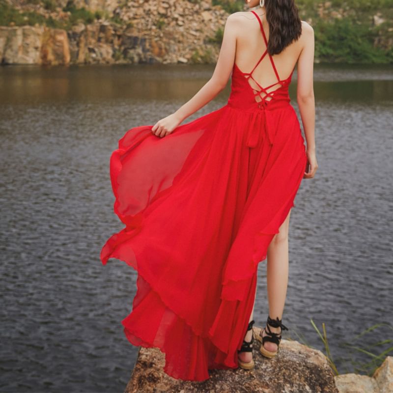 Strap Back Plain Open Maxi Lace-Up Spaghetti Sundress
