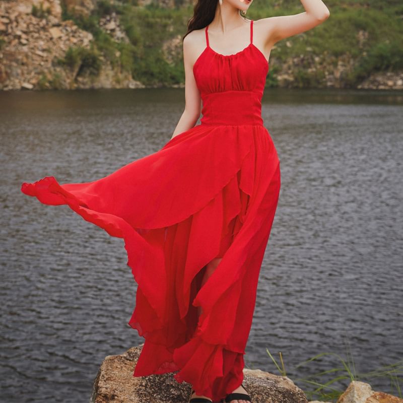 Strap Back Plain Open Maxi Lace-Up Spaghetti Sundress