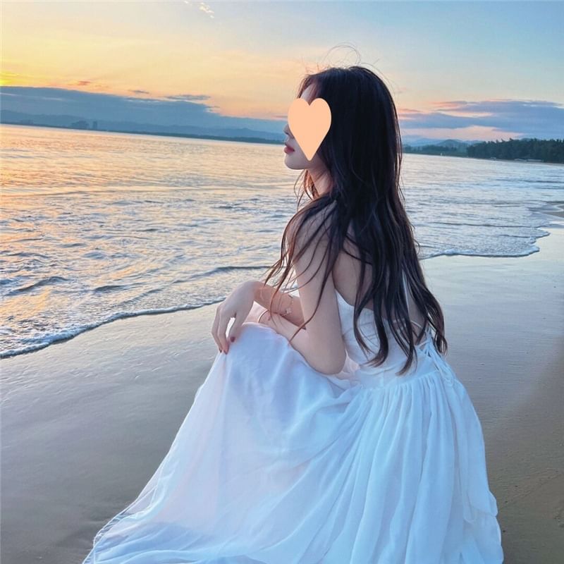 Strap Back Plain Open Maxi Lace-Up Spaghetti Sundress