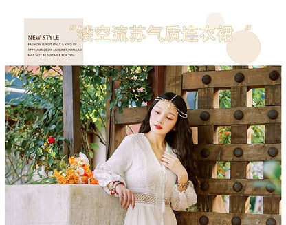 A-Line Trim Dress V-Neck Lace Plain Puff-Sleeve Maxi