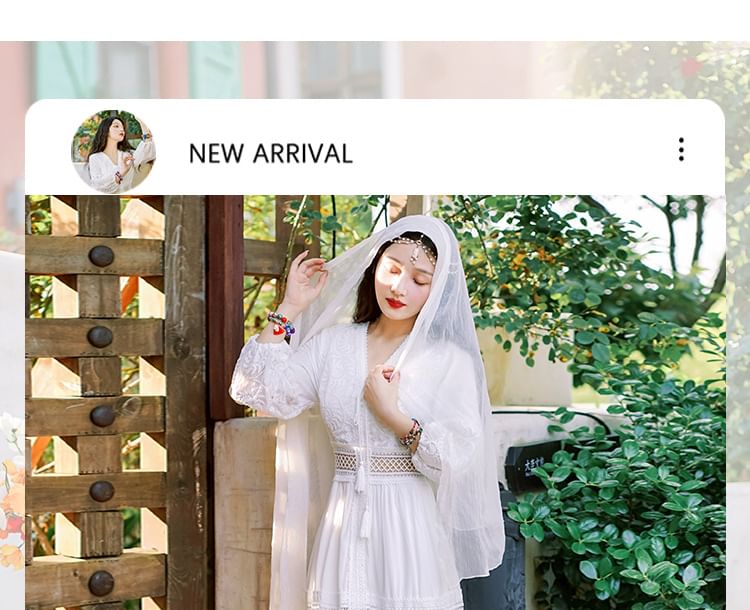 A-Line Trim Dress V-Neck Lace Plain Puff-Sleeve Maxi