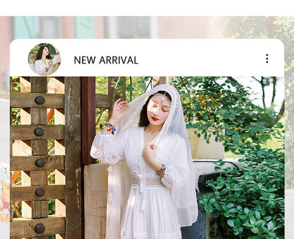 A-Line Trim Dress V-Neck Lace Plain Puff-Sleeve Maxi