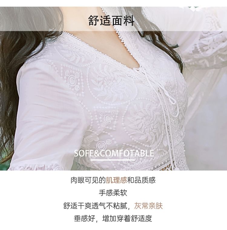 A-Line Trim Dress V-Neck Lace Plain Puff-Sleeve Maxi