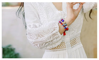 A-Line Trim Dress V-Neck Lace Plain Puff-Sleeve Maxi