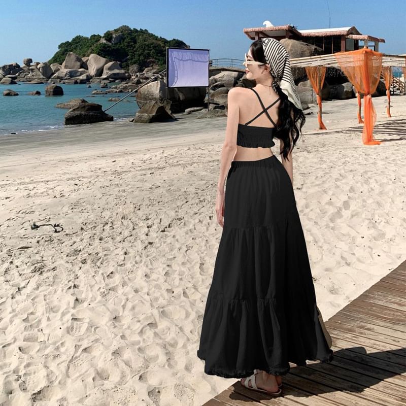 Top + Maxi Ruffle High Skirt Set: Cami Plain Waist Cropped A-Line