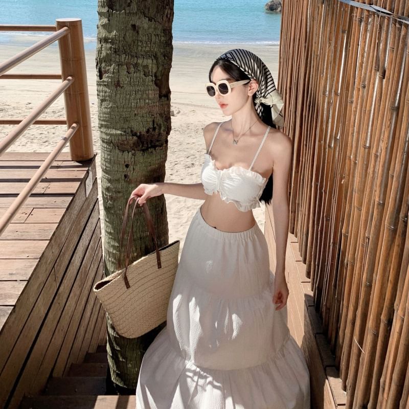 Top + Maxi Ruffle High Skirt Set: Cami Plain Waist Cropped A-Line