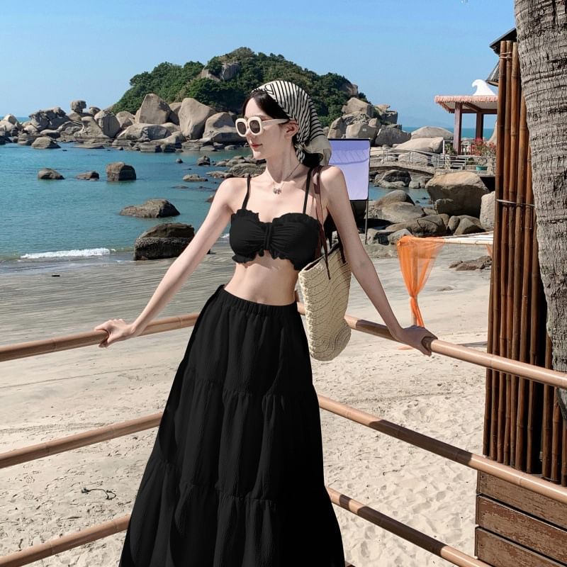 Top + Maxi Ruffle High Skirt Set: Cami Plain Waist Cropped A-Line