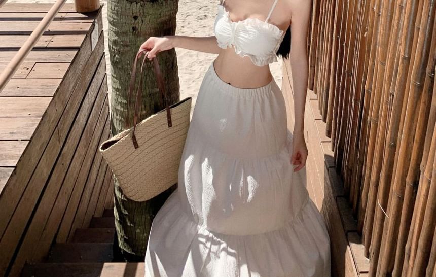 Top + Maxi Ruffle High Skirt Set: Cami Plain Waist Cropped A-Line