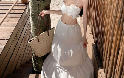 Top + Maxi Ruffle High Skirt Set: Cami Plain Waist Cropped A-Line