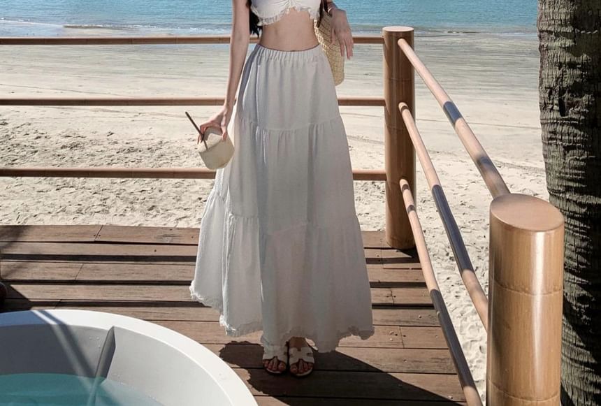 Top + Maxi Ruffle High Skirt Set: Cami Plain Waist Cropped A-Line