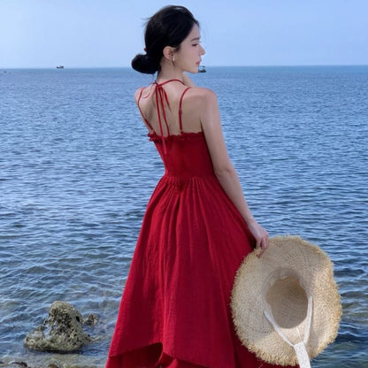 Plain Flower Maxi Ruffle Spaghetti Strap Detail Sundress