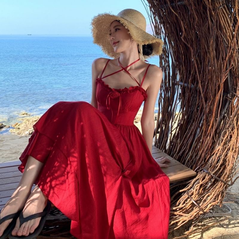 Plain Flower Maxi Ruffle Spaghetti Strap Detail Sundress