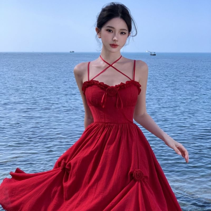 Plain Flower Maxi Ruffle Spaghetti Strap Detail Sundress