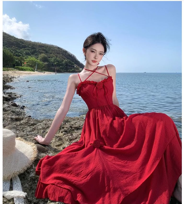Plain Flower Maxi Ruffle Spaghetti Strap Detail Sundress