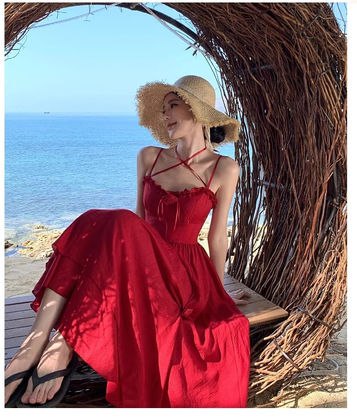 Plain Flower Maxi Ruffle Spaghetti Strap Detail Sundress