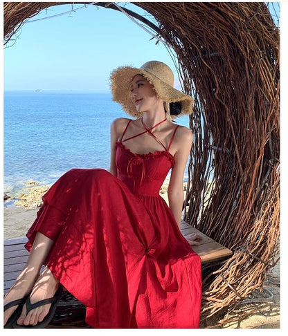 Plain Flower Maxi Ruffle Spaghetti Strap Detail Sundress