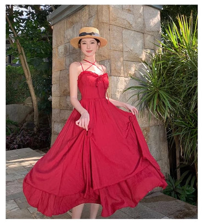 Plain Flower Maxi Ruffle Spaghetti Strap Detail Sundress