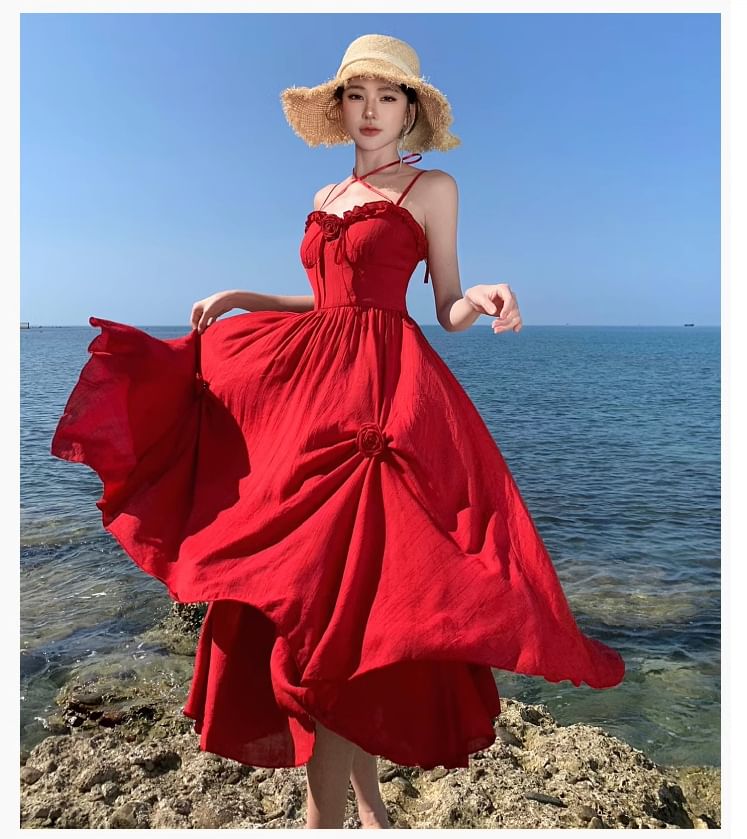 Plain Flower Maxi Ruffle Spaghetti Strap Detail Sundress