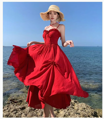 Plain Flower Maxi Ruffle Spaghetti Strap Detail Sundress