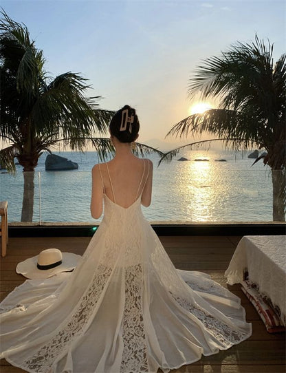 Open Plain Back Spaghetti Sundress Lace Maxi Panel Strap