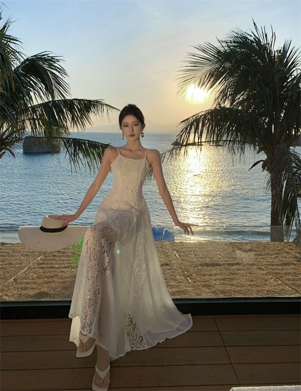 Open Plain Back Spaghetti Sundress Lace Maxi Panel Strap