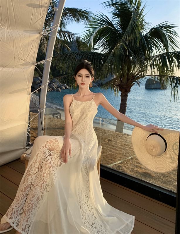Open Plain Back Spaghetti Sundress Lace Maxi Panel Strap