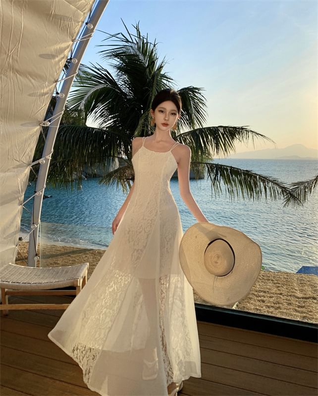 Open Plain Back Spaghetti Sundress Lace Maxi Panel Strap