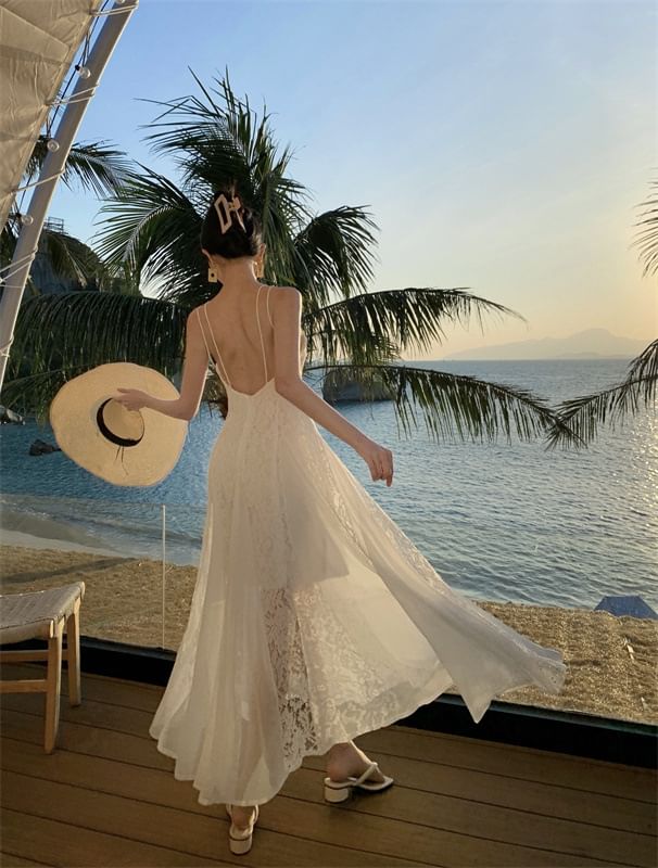 Open Plain Back Spaghetti Sundress Lace Maxi Panel Strap